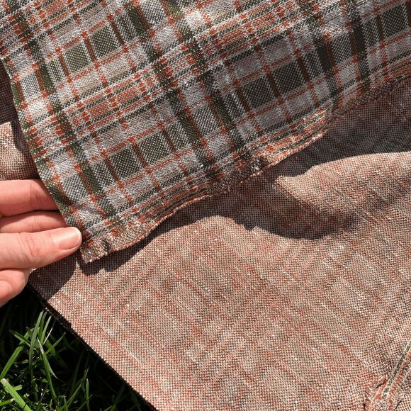 Vintage 60s 70s Plaid Poly Knit Fabric Green Orange Brown Retro Sewing 62"x106" - Picture 2 of 6